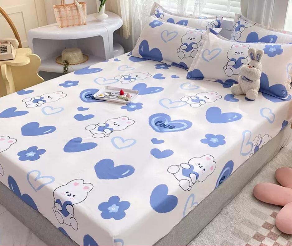 Bed Fitted Sheet with Elastic Rubber Washed Cotton Cartoon Animal Print Fitted Sheet + 2pcs Pillowcases 15 Sizes Mattress Cover