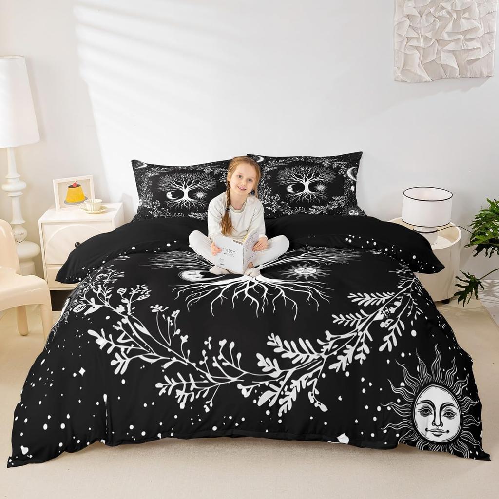 Erosebridal Tree of Life Bedding Set Sun and Moon Comforter Cover Twin Kids Teens Bedroom Decor Black and White 2 Pcs Duvet Cover Gothic Boh