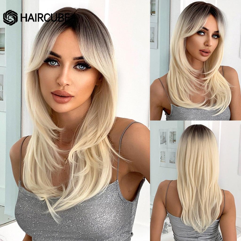 Длинные прямые синтетические парики Haircube, многослойные блондинки с омбре, темный корень с челкой для женщин, повседневная мода для вечеринок