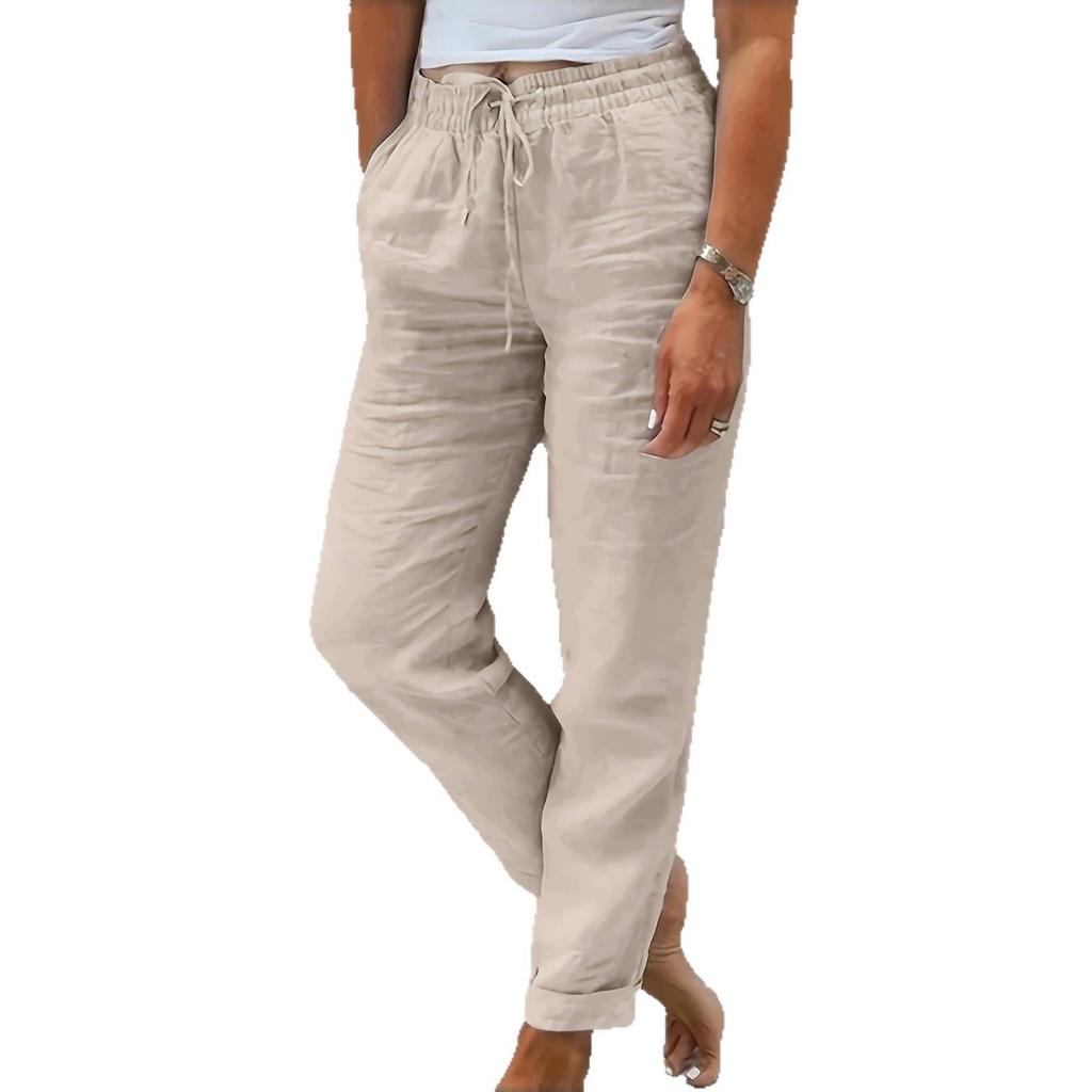 Damen High-Waist Elastische Baumwolle Leinen Freizeithose