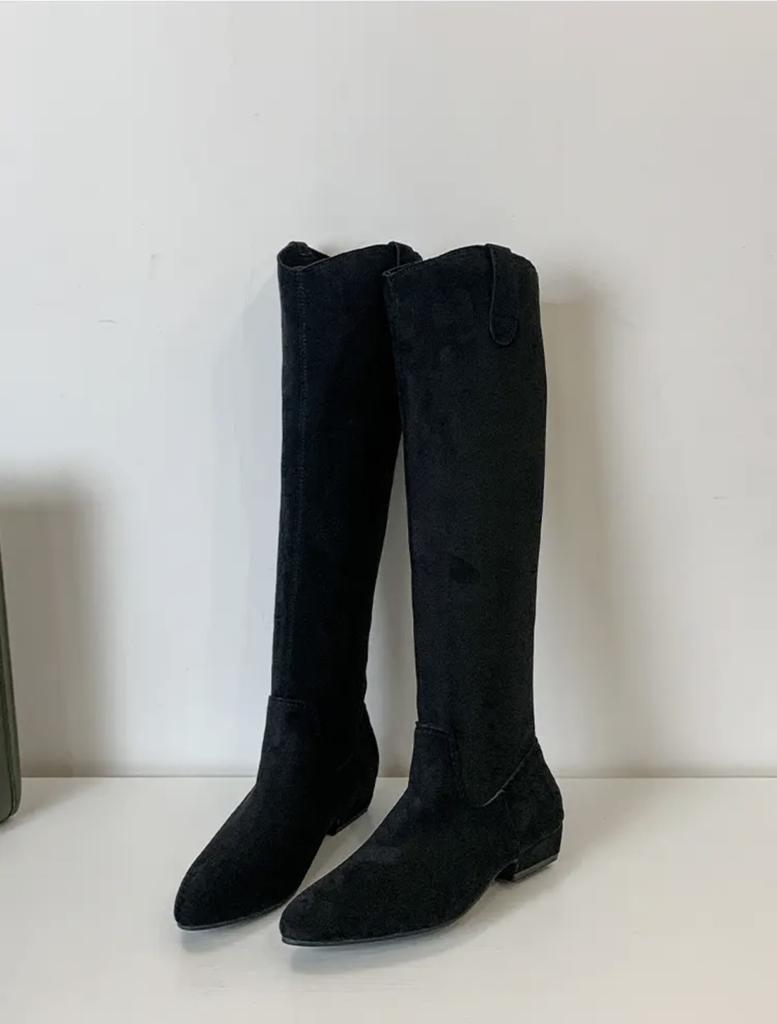 2024 Новый Стиль Кучи Сапог Заостренный Носок Квадратный Каблук Замша Римский Стиль Коричневые Длинные Сапоги до Колена Женские Сапоги