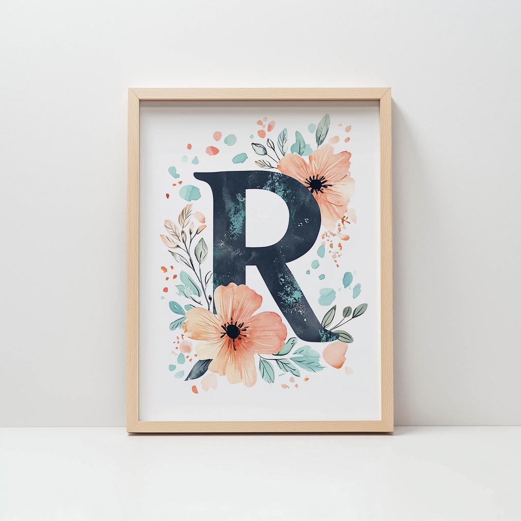 Plakat Litera "R" W Kwiatowym Wieniecu Plakat Litera "R" W Kwiatowym Wieniecu, 50X70 Cm, Bez Ramy, Płótno Premium Na Blejtramie