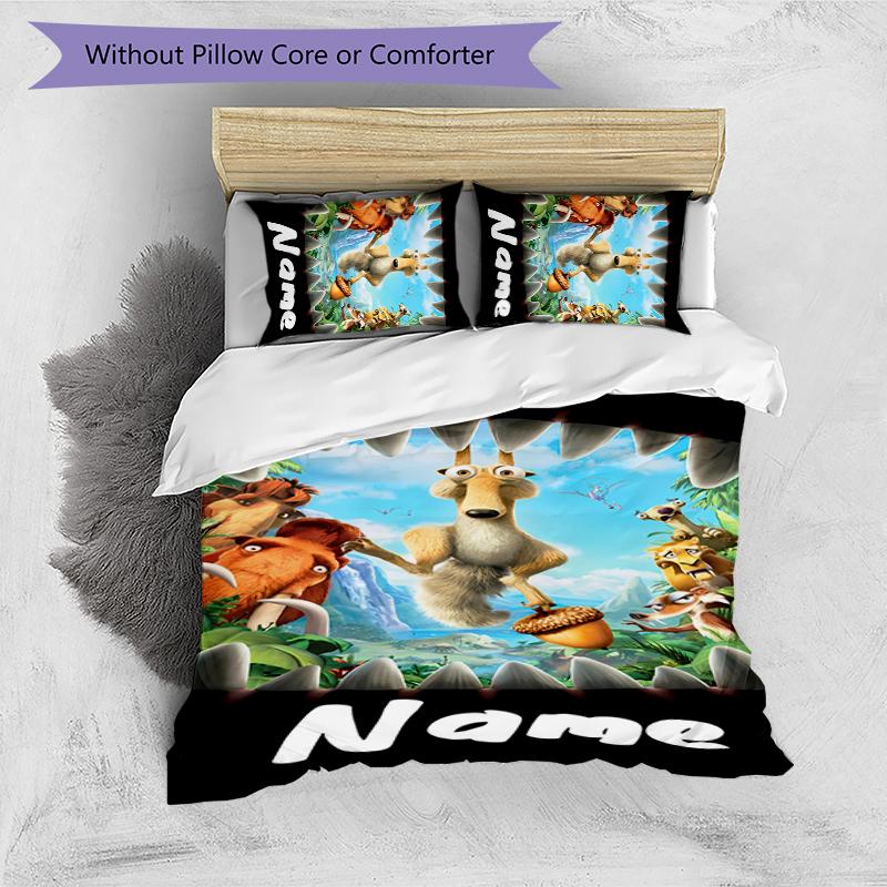 3pcs Custom Name Cartoon Ice Age Dawn of the Dinosaurs Bedding Set Duvet Cover Closure Includes 1 Duvet Cover & 2 Pillowcases for All Seasons Bedroom