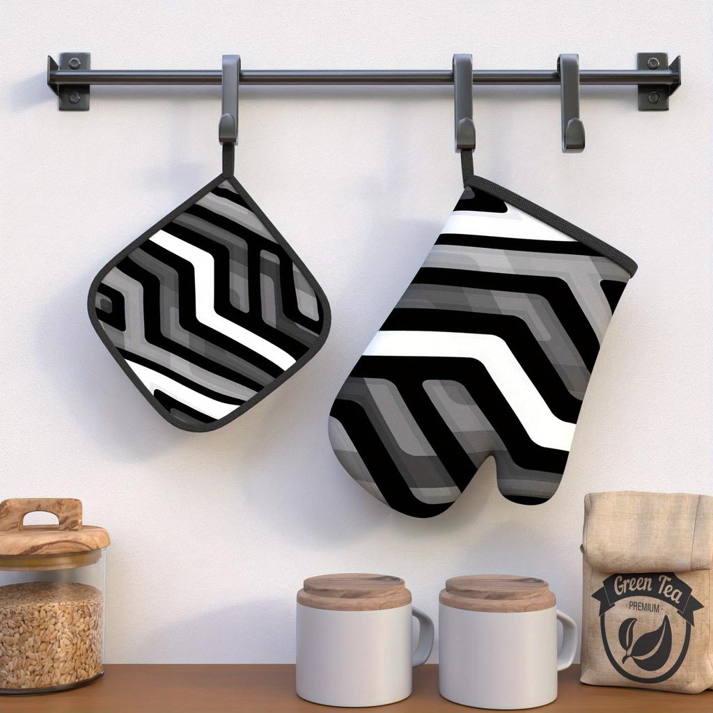 2PS 10.6 X 6.7 Inch Oven Mitt2PS And Pot Holder2PS Black And White Line2PS Line Pattern Art De2PSig
