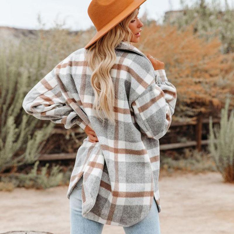 Женская повседневная клетчатая куртка с длинным рукавом и лацканами, осенняя утолщенная фланелевая рубашка с пуговицами, свободное теплое шерстяное пальто с двумя карманами