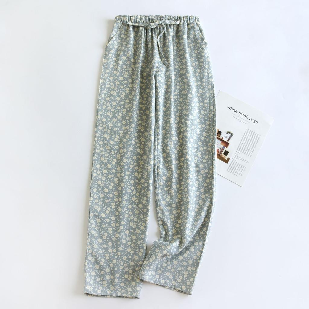 Cotton Floral Pajama Pants Women Big Size Double Gauze Girl Home Trousers Autumn Winter Loose Lace Up Sleeping Casual