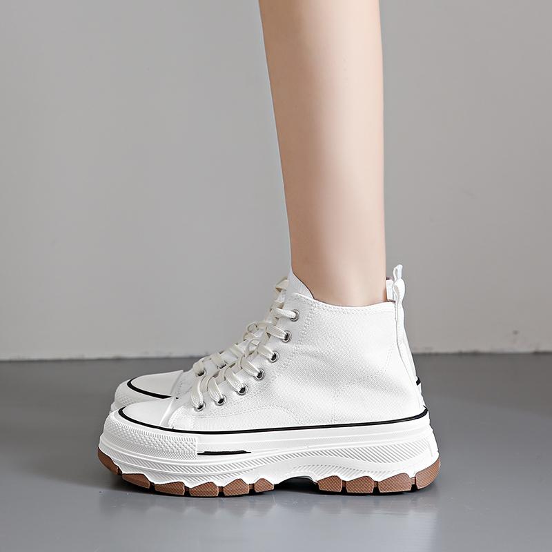Модные женские парусиновые туфли с высоким верхом, женские вулканизированные туфли на шнуровке, повседневные женские кроссовки с нескользящей круглой подошвой