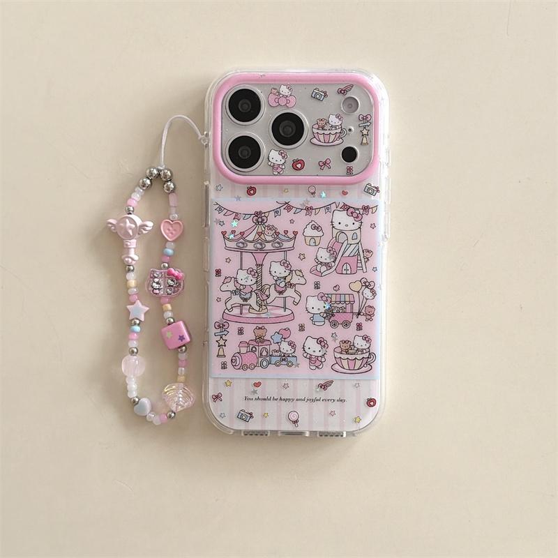 Kawaii Pink Cate Amusement Park Clear Case For iPhone 17 16 15 14 Pro Max with Beaded Chain Double Layer Glitter Shockproof Case
