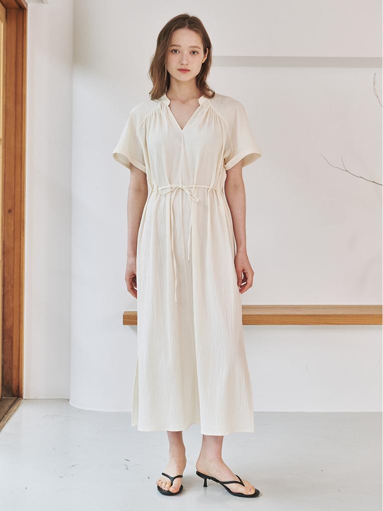 Nub V-Neck Shirring Dress - Ivory