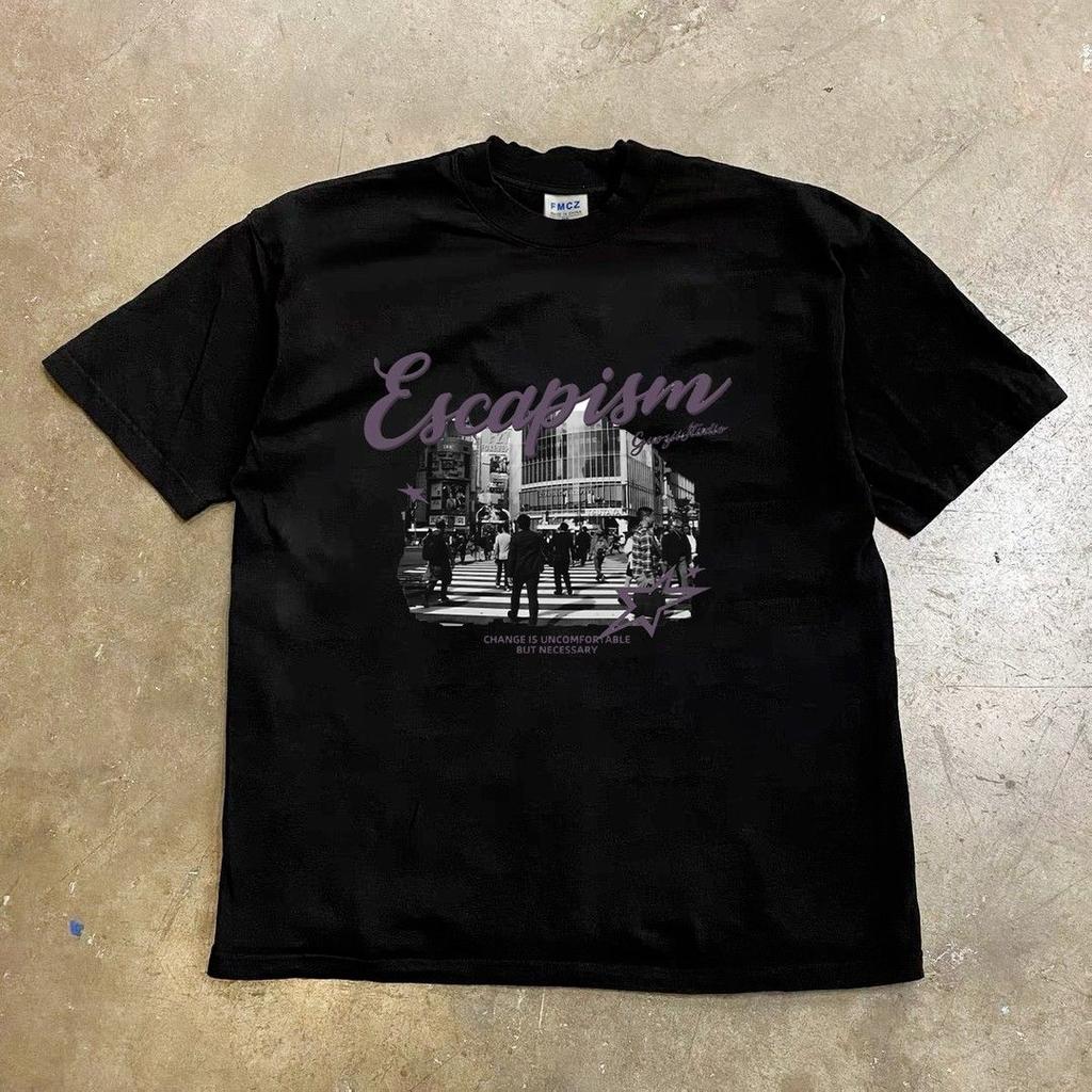 Retro Tshirt Pure Cotton Shortsleeved New Trendy Brand Heavyduty Printing Loose Fit Trendy And Casual Style