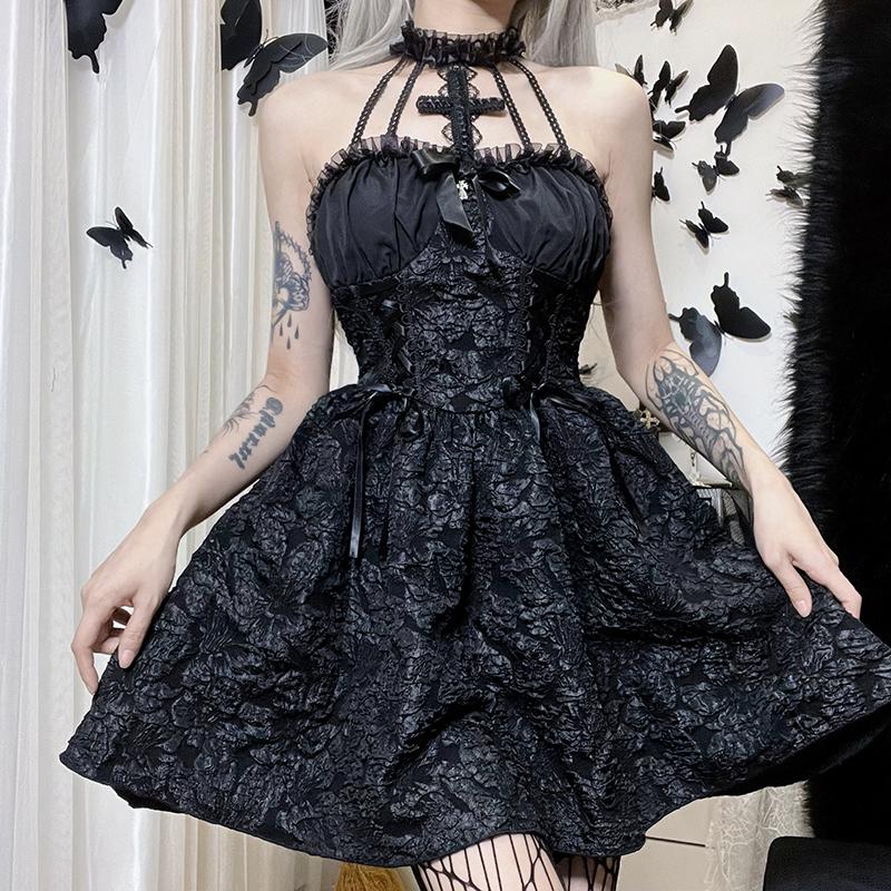 Goth Dark Mall Gothic Emo Жаккардовые платья А-силуэта Элегантные гранжевые рюшевые бандажные праздничные наряды Панк Черное женское платье для клуба на Хэллоуин