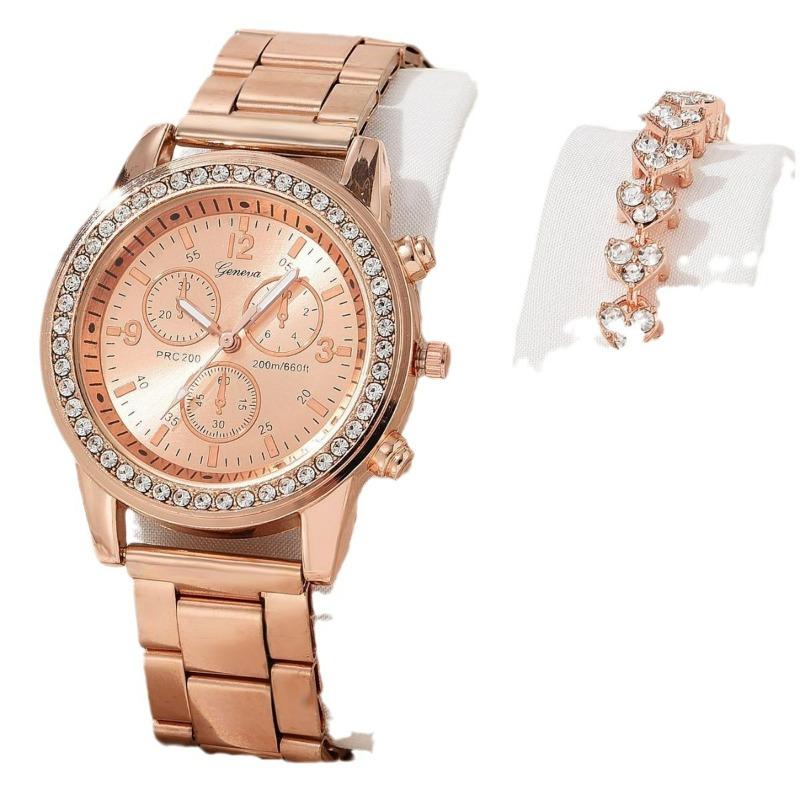 Steel Belt Women's Watch Geneva Fake Three-eye Women's Casual Korean Version Necklace Bracelet Ring Quartz Watch Set