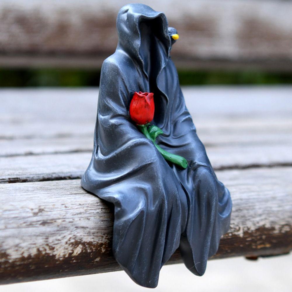 Spooky Halloween Small Ornaments Black Robe Faceless Ghost Grim Reaper Figurine Ornaments Resin Craft Gothic