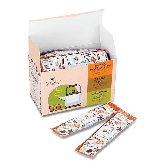 Octavius | NO ADDED SUGAR Assorted 3 in 1 Premix Tea - 15 Pouches | Readymade Tea Mix | Low Sugar | Ready Tea| Tea Premix (8 Gm X 15 Sachets)