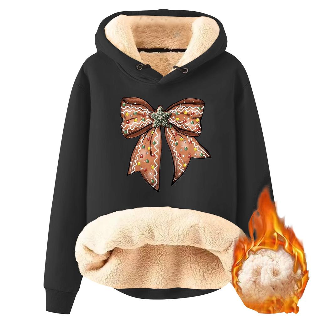 Women's Fashion Hooded Christmas Bowknot Printed Plush Warm Loose Pullover Sweatshirt