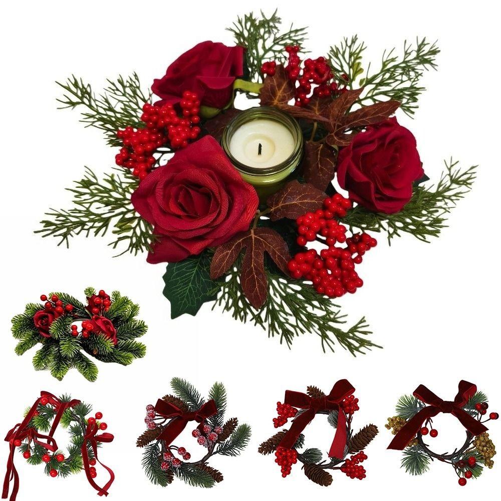 Artificial Berries Pinecone Pine Christmas Candle Ring Dining Table Centerpiece