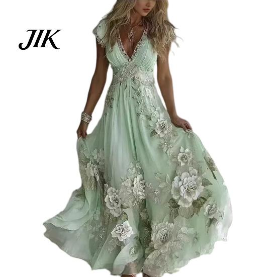 A-line Silhouette Dress Summer Floral Maxi for Women Short Sleeve V Elegant Printed Neck Swing Beach Vacation Sundress Lightweight
