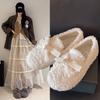 New Women's Single Shoes Wind One Pedal Fairy Bow Flat Bottom Velvet 2025 Fluffy Shoes Women's Warm Autumn and Winter Cotton Shoes