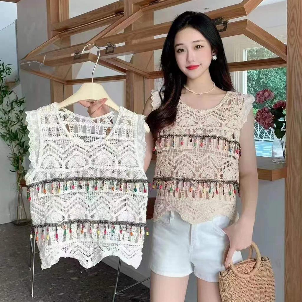 Dimanaf Новинка 2024 года, женская футболка, вязаный кружевной жилет с круглым вырезом, летние топы в базовом стиле, футболки, свободная одежда tt026