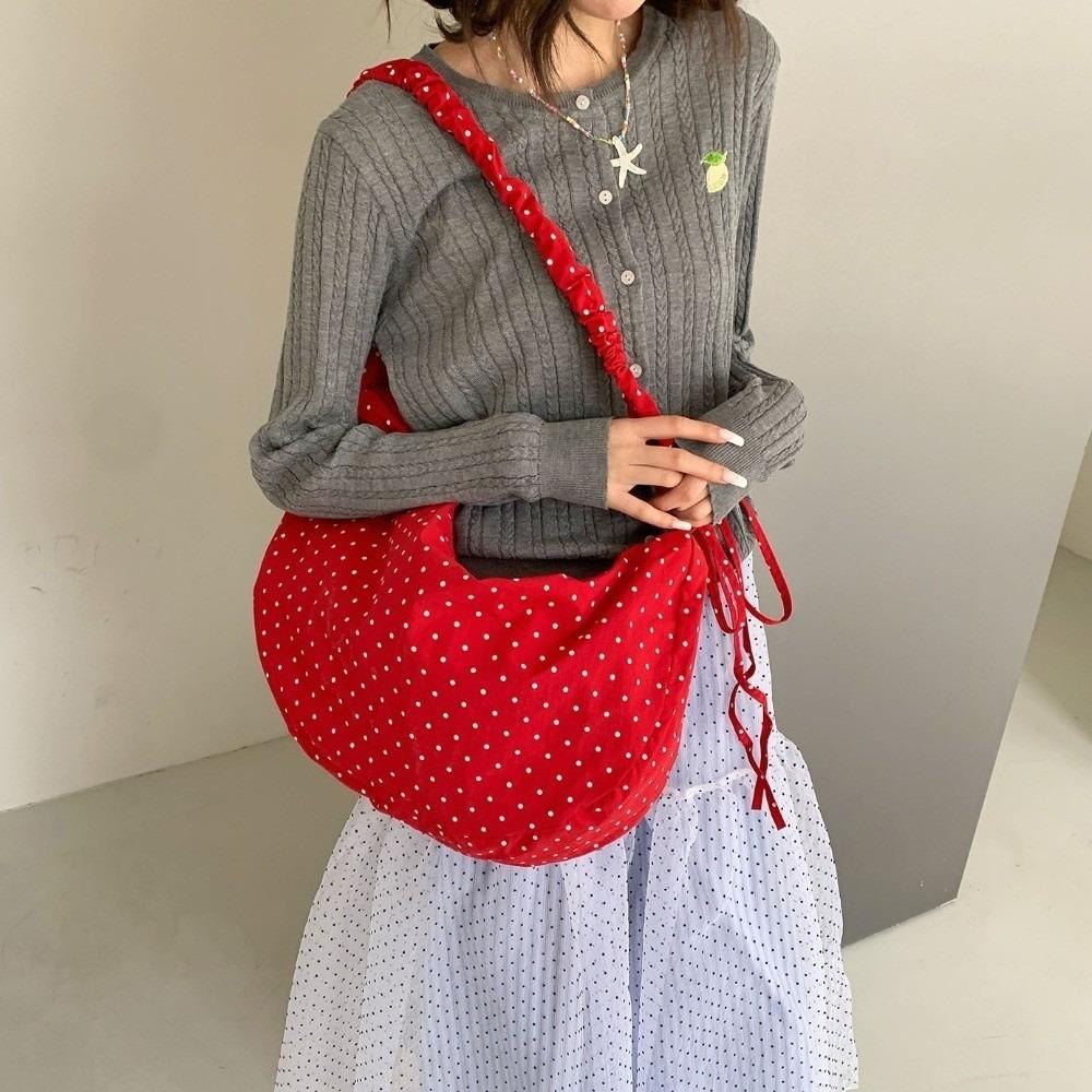 Adjustable Polka Dot Nylon Crossbody Bag Drawstring Lightweight Pleated Shoulder Bag Prined Large Capacity Canvas Dumpling Bag