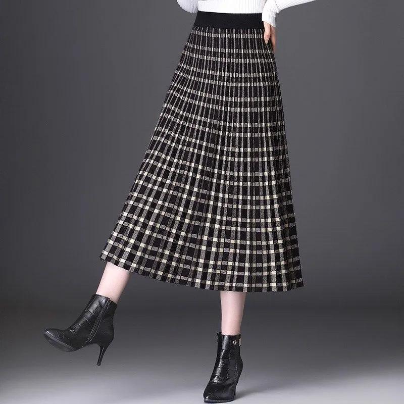 Юбки-плиссе осень-зима, трикотажные, женские, с высокой талией, универсальные, средней длины, А-силуэта