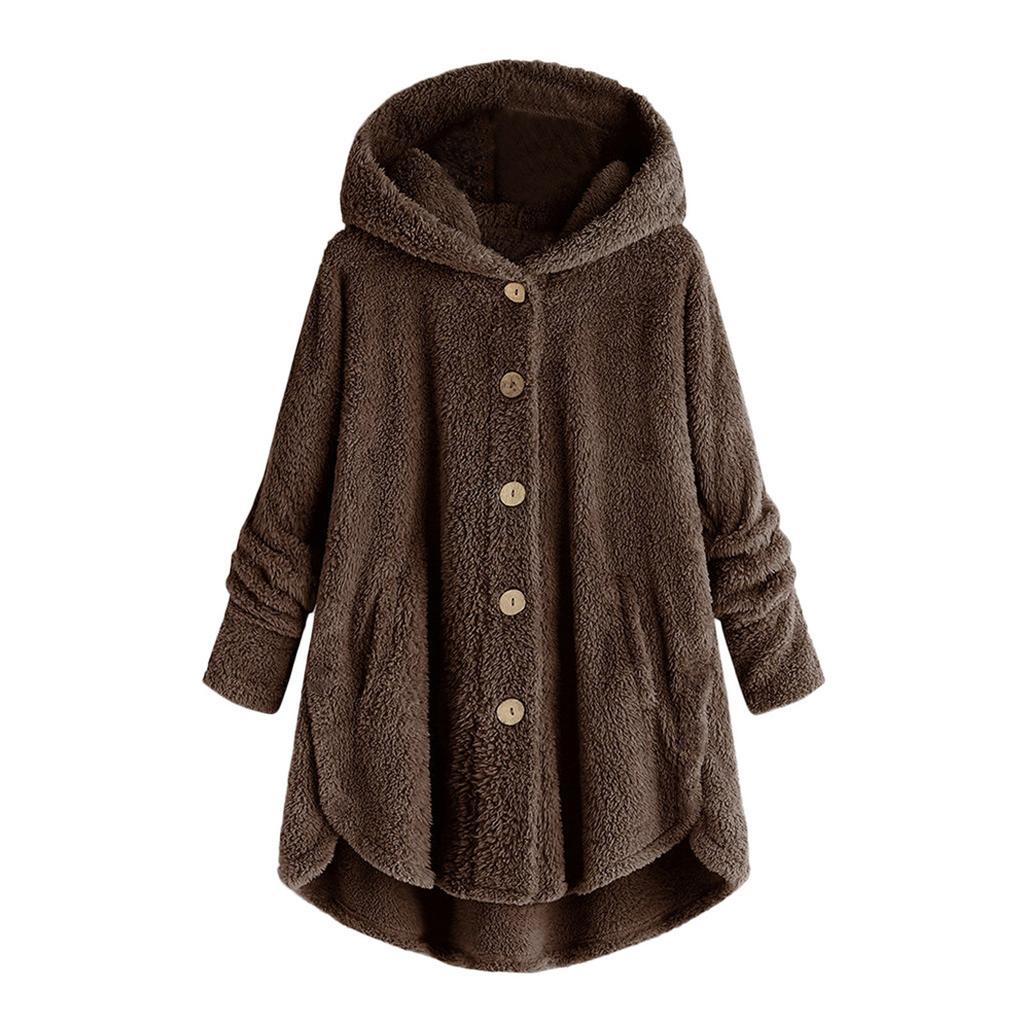 Women Plus Size Button Plush Tops Hooded Loose Cardigan Wool Coat Winter Jacket