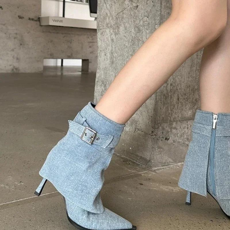 Женские ботильоны с острым каблуком 2024 года, мягкие кожаные ботильоны, новые корейские ботильоны на шпильках, женские модные гладиаторские готические ботинки челси