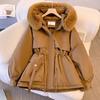 Women Autumn Winter Fur Collar Long Sleeve Solid Color Drawstring Parka Hooded Chic Warm Coat