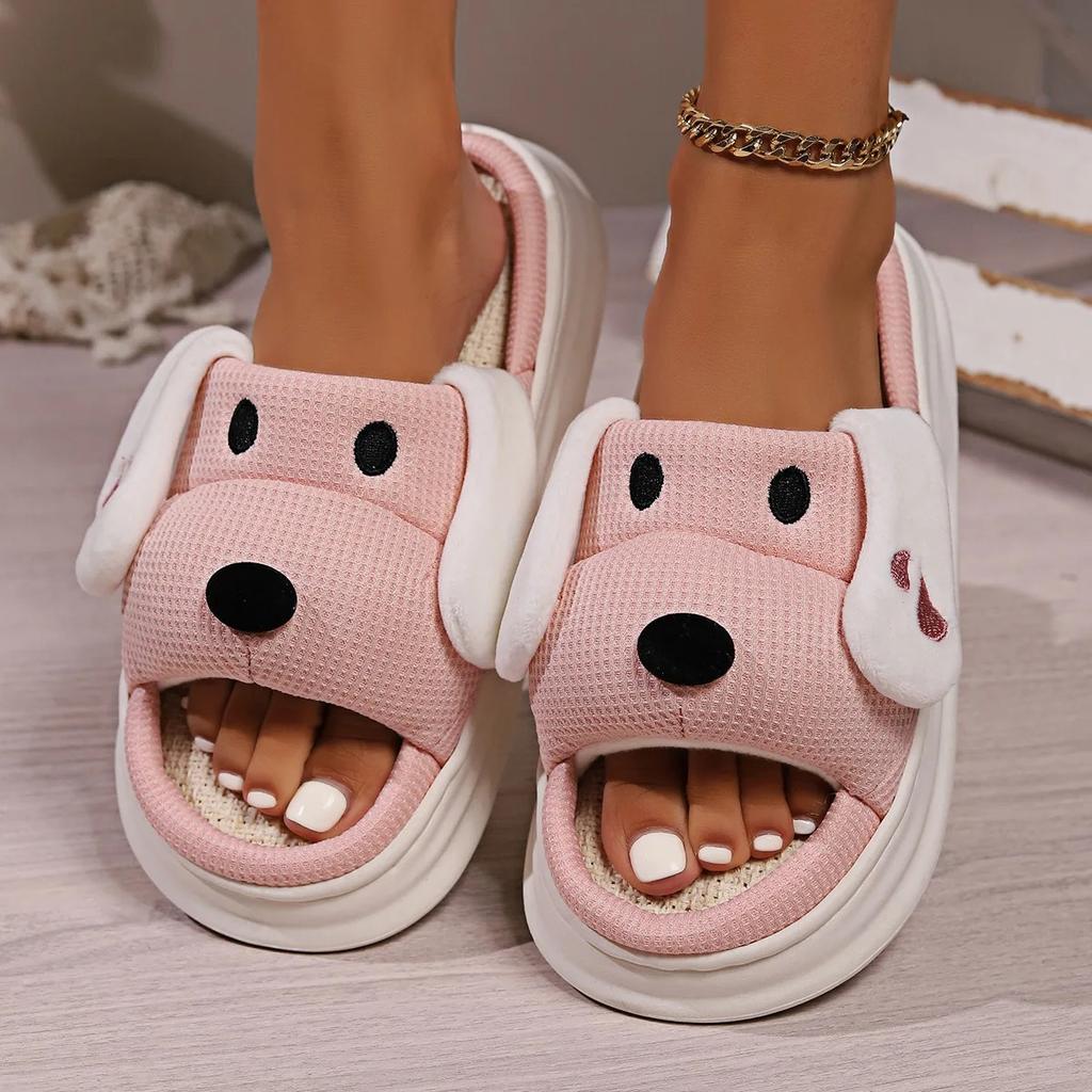 Модные льняные тапочки с рисунком собаки из мультфильма, женские толстые подошвы, нескользящие домашние хлопковые туфли, женские удобные домашние тапочки большого размера