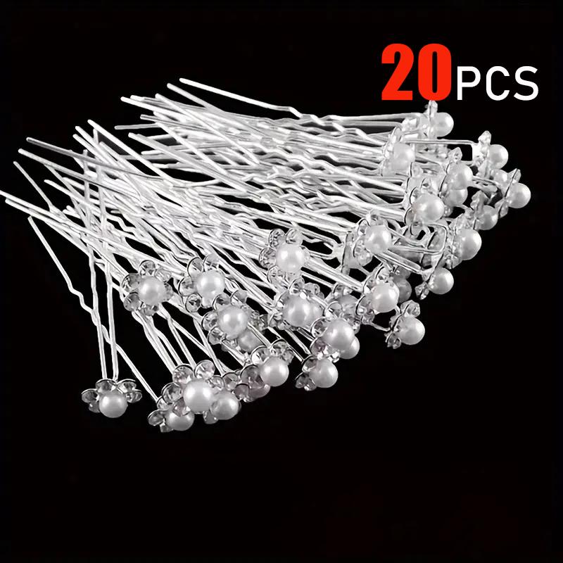 20 Pcs/set Bridal Headwear Pins Pearl Flower Luxurious Inlaid Diamond Hairpin Sweet Romantic U-shaped Curly Hair Fork Hair Clip