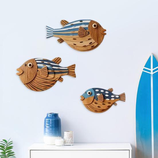 Yousheng 3 Pcs Wood Fish Nautical Beach Wall Decor, Rustic Fish Hanging Coastal Wall Sculpture for Lake House, Ocean Room, Bathroom, Bedroom