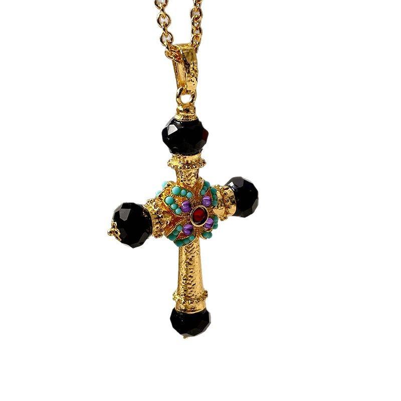 Medieval Turquoise Sparkling Diamond Inlaid Sweater Chain Double Sided Cross Crystal Necklace Female