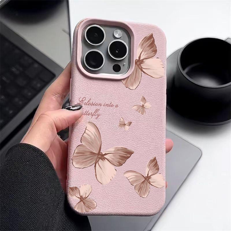 Чехол для телефона с цветным рисунком бабочки из кожи и текстурой для iPhone 16 Pro 15 14 13 12 Pro Max, ударопрочный матовый тонкий однотонный цветной мягкий чехол из ТПУ с защитой от падений