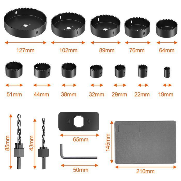 Coffret 16 pcs scies cloches 19-127 mm + adaptateurs et foret, acier allié, pour plastique et bois fin