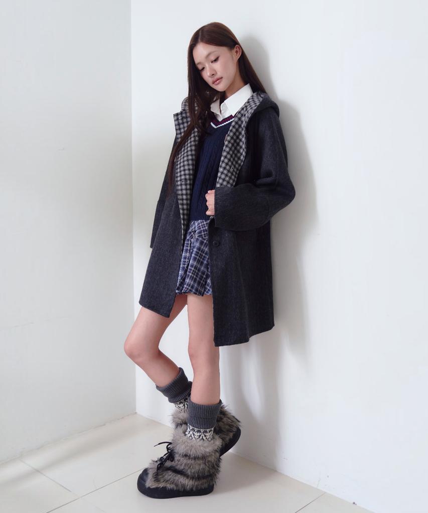 THE GREEN LAB Check Color Block Hooded Half Coat [Charcoal Gray]