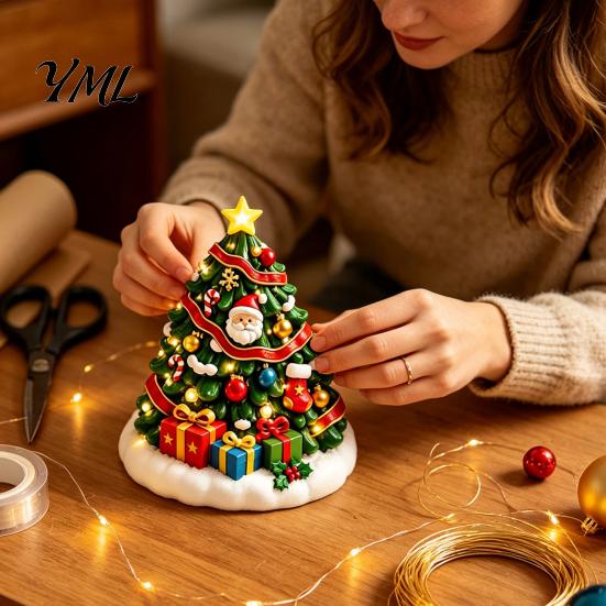 Handmade Christmas Desktop Decorations DIY Plaster Painting Kit, Cute Xmas Tree House Santa Snowman Art Crafts for Students Figurine Craft Set,