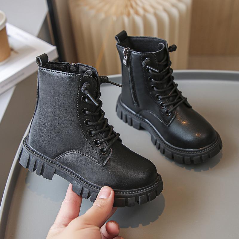 Girls Autumn Short Boots Winter Children Soft Soled Booties Girls Leather British Children's Boots Front Lacing Side Zippers