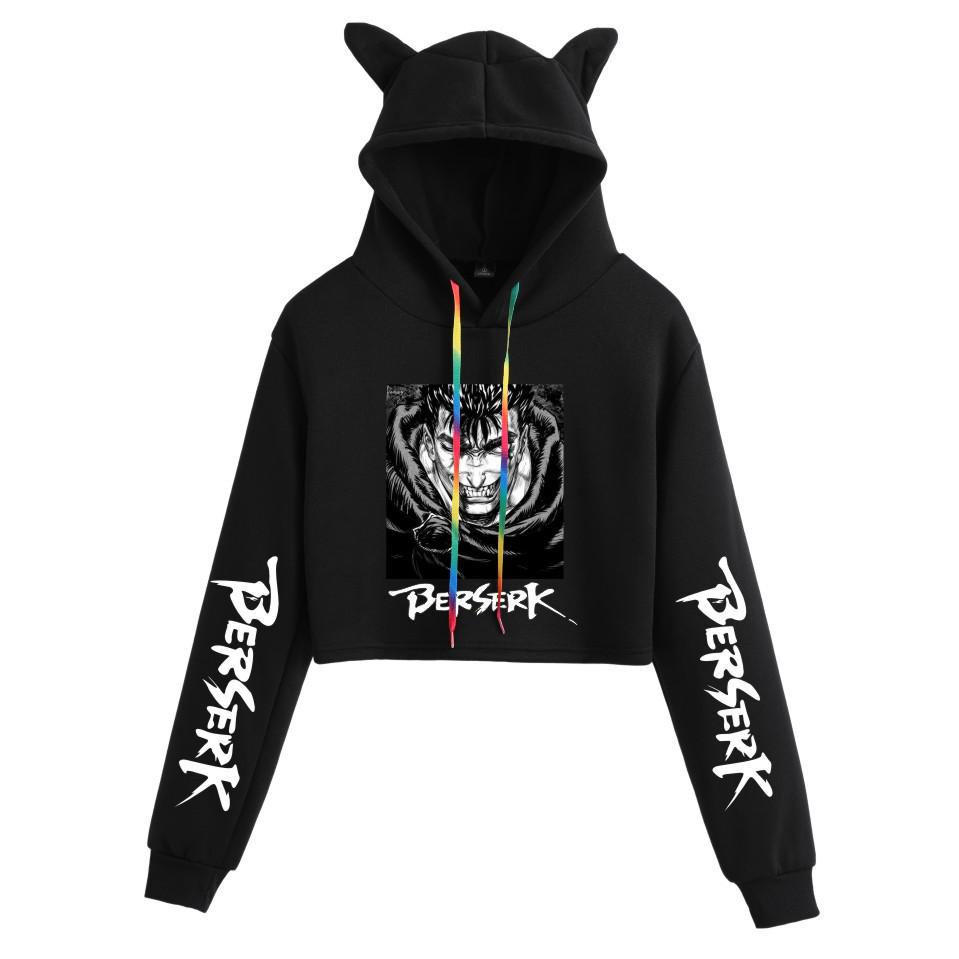 Women's Cat Ear Hoodie with Berserk Print - Cropped Style