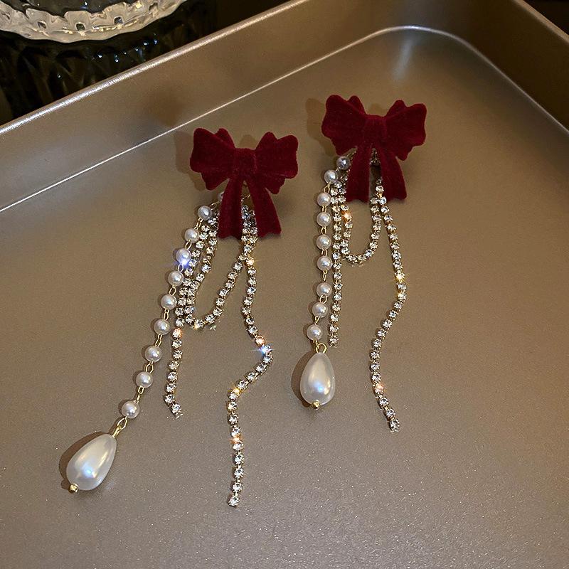 Silver Needle Red Bow Earrings New Versatile Earrings Niche Design Autumn and Winter Earrings Women