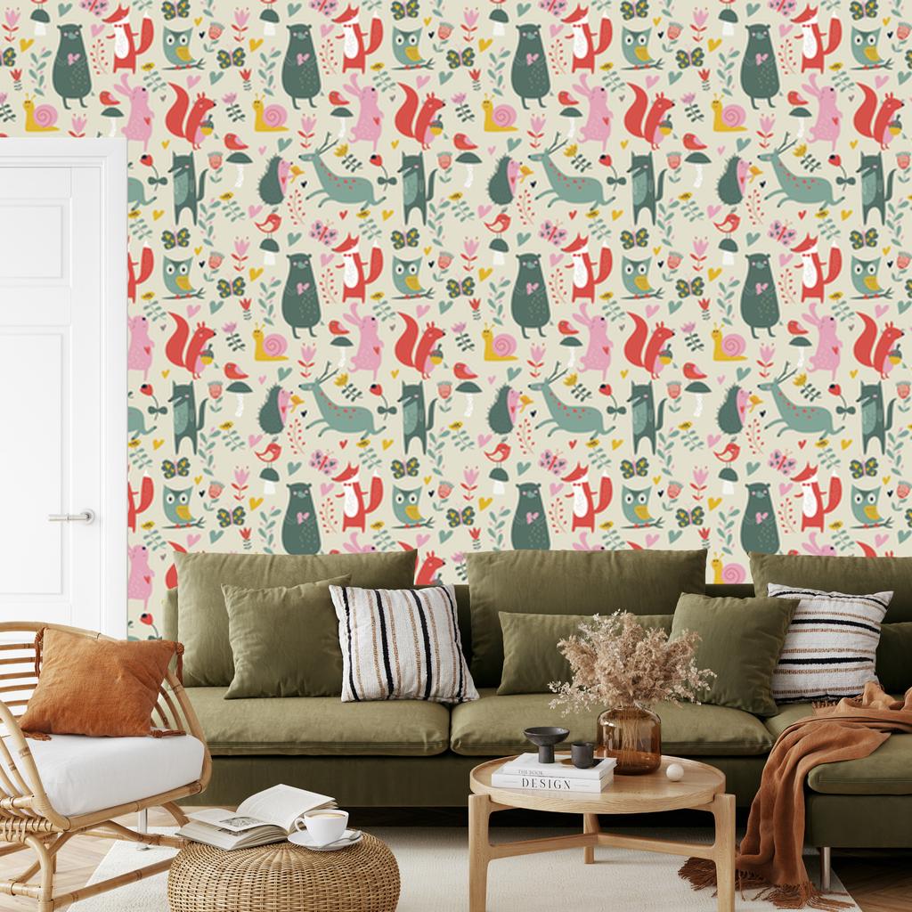 Forest wallpaper with animals in love for the living room and bedroom 50x1000