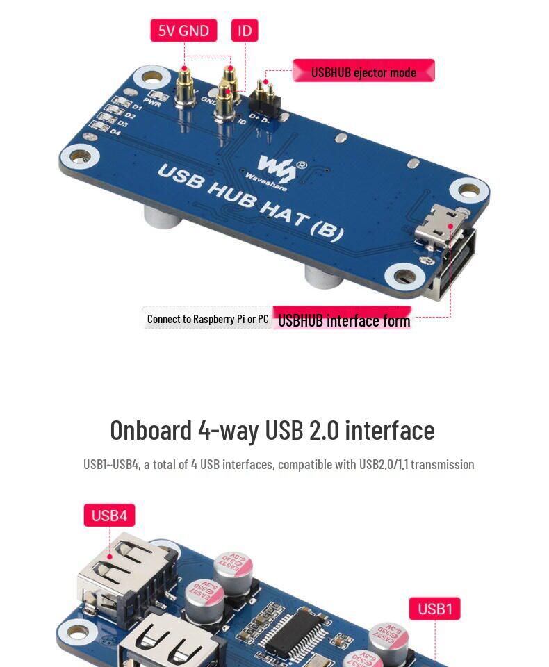 Raspberry Pi 4/Zero USB 2.0 4-Port Expansion Board with Pin Header Design