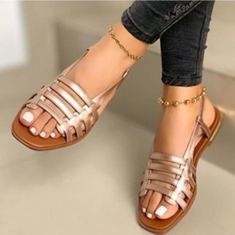 Fashion Large Size Sandals New Square Head Thin Belt Woven Flat Shoes Light Anti-slip Wear-resistant Beach Shoes