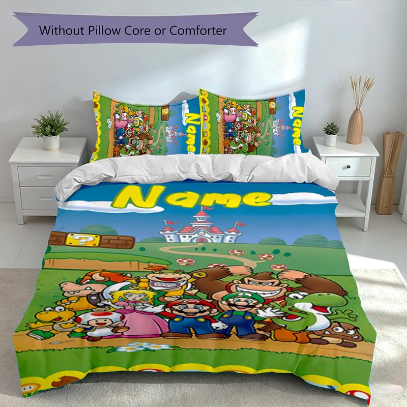 3pcs Custom Name Super Mario Bedding Set,Includes 1 Duvet Cover and 2 Pillowcases,All-season Bedroom Decor