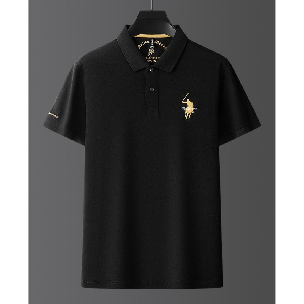 Trend Hub Роскошная вышивка Мужская рубашка поло Тонкая дышащая 100% хлопок Черный Темно-синий Лацкан С коротким рукавом Топы Брендовая одежда