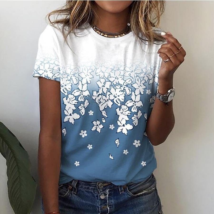 Футболка с цветочным 3D принтом, летняя женская одежда, топы с круглым вырезом, повседневные футболки с короткими рукавами