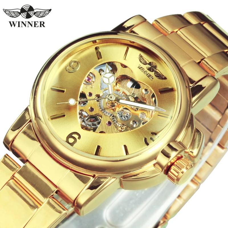 WINNER New Women Luxury Top Brand Automatic Mechanical Watch Golden Skeleton Love Stainless Steel Fashion Ladies Wrist Watch
