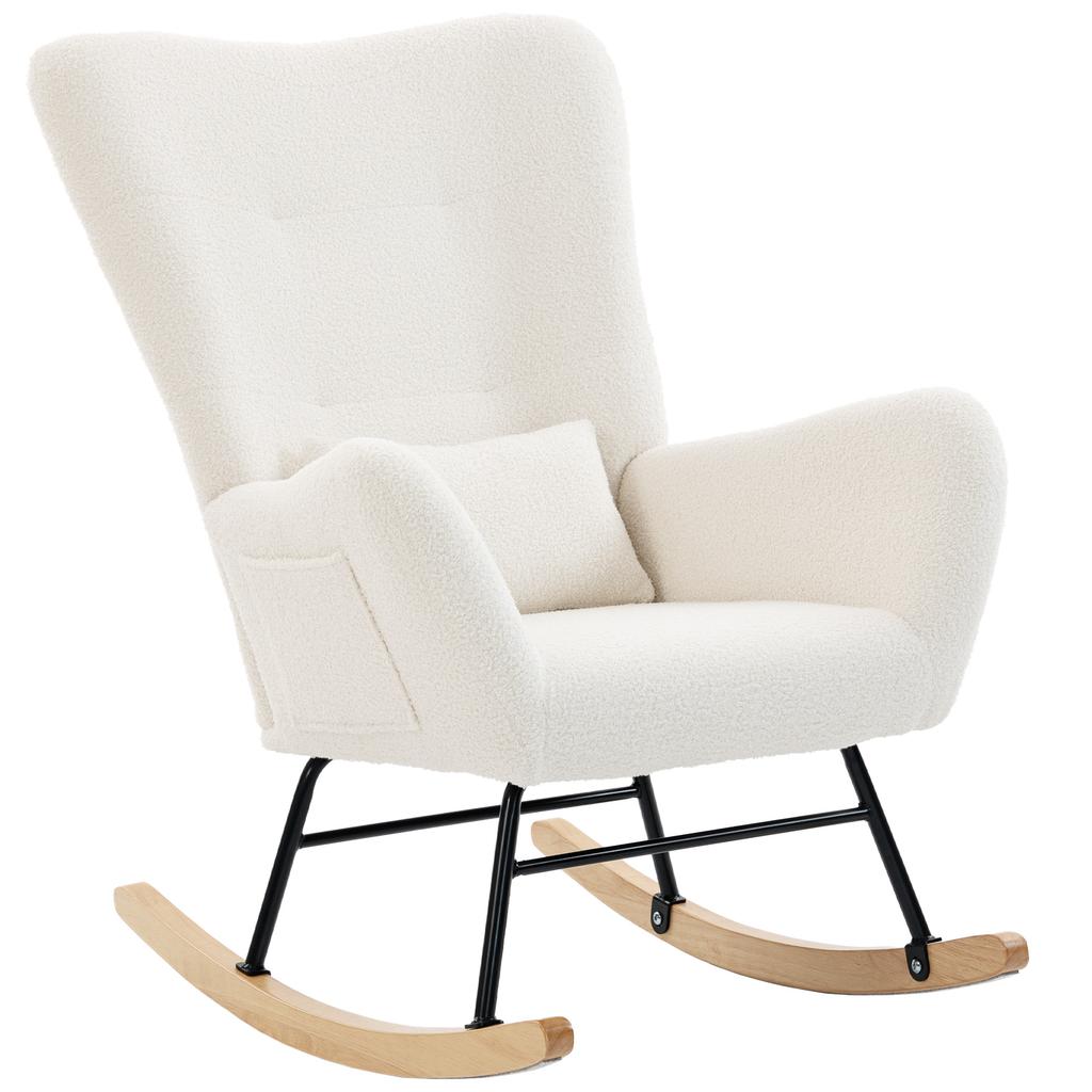Rocking Chair, Teddy Plush, High Back, Cushion, Rubberwood Legs, Cream