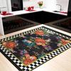 Bold Boho Flower  Black Background Accent Mat  Purple Blue Orange Floral DecorCheckered Edge CarpetWashable Rug