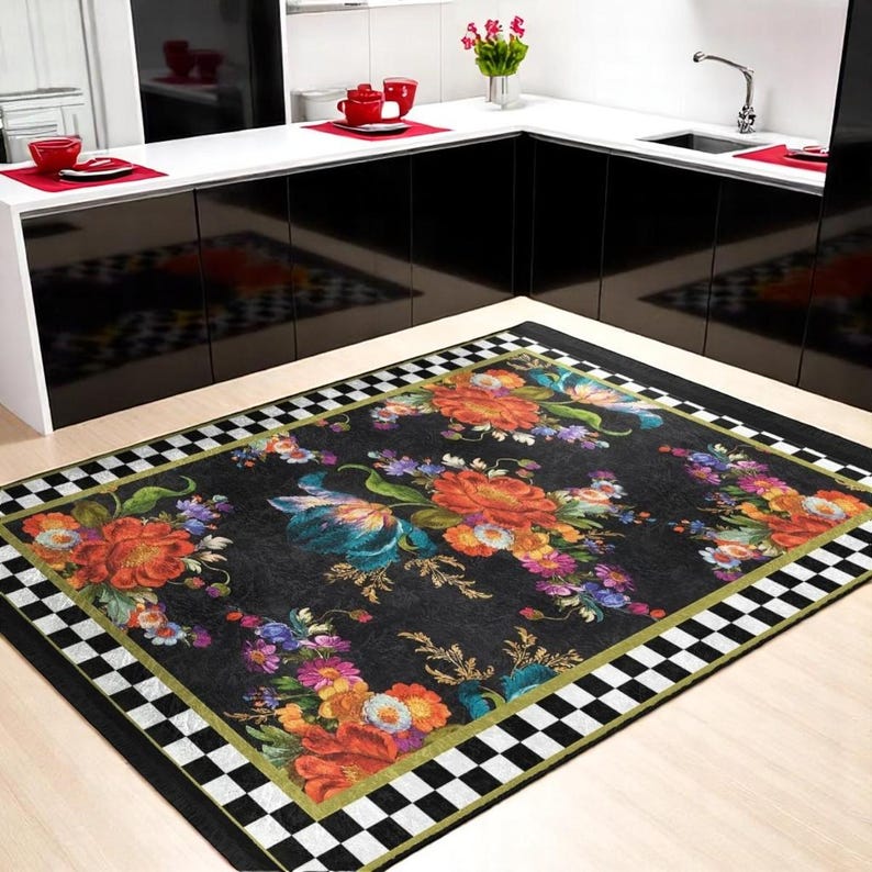 Bold Boho Flower  Black Background Accent Mat  Purple Blue Orange Floral DecorCheckered Edge CarpetWashable Rug