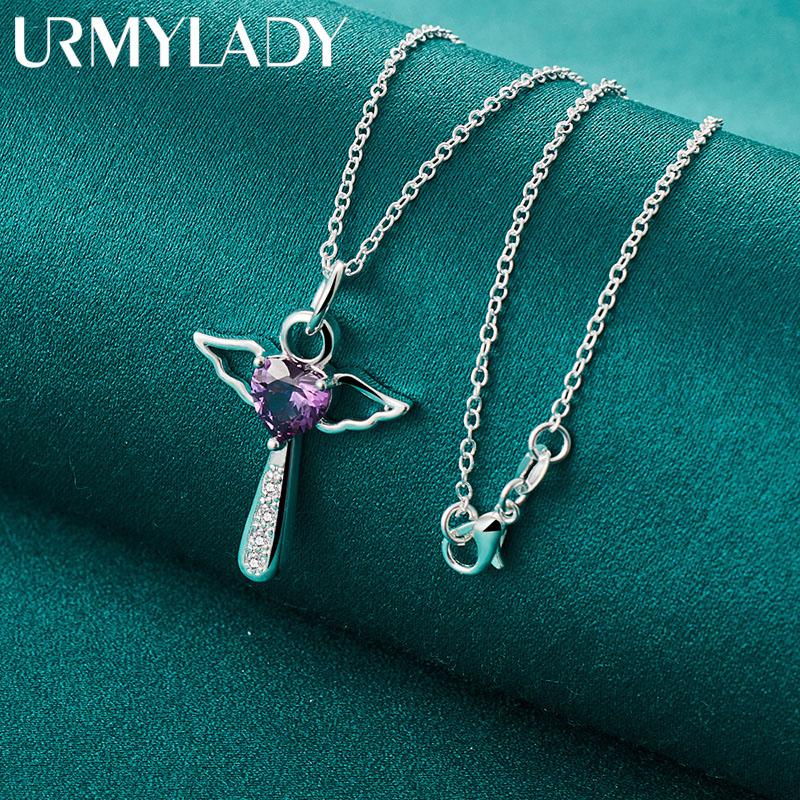 URMYLADY Стерлингового Серебра 925 Фиолетовый AAAAA Циркон Ангел Крест Подвеска Ожерелье для Женщин Свадебная Вечеринка Очаровательные Ювелирные Изделия